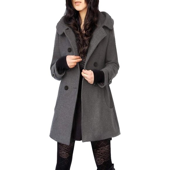 Jackets & Blazers - Women's Grey Warm Double Breasted Wool Pea Coat Trench Coat Jacket with Hood